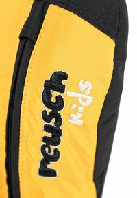 Schwarze und gelbe Stoffhandschuhe mit gesticktem "reusch kids"-Logo. Strukturierte Oberfläche mit kontrastierender Naht und Reißverschlussdetail.