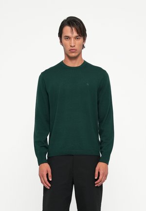 Green sweater with long sleeves, crew neck, made of a smooth knit material. Features a small logo on the chest and a fitted silhouette.