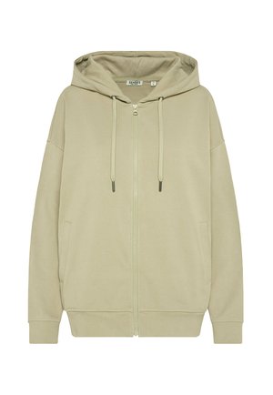 Beige Kapuzenpullover mit Reißverschluss, Kordeln, vorderen Taschen, langen Ärmeln und Kapuze, dargestellt auf weißem Hintergrund.