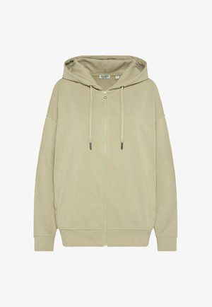Beige zip-up hoodie with drawstrings, front pockets, long sleeves, and a hood, displayed on a white background.