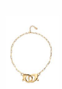 Collier en or avec des accents circulaires entrelacés, un design de chaîne maillon et une petite chaîne d'extension pour une longueur ajustable.