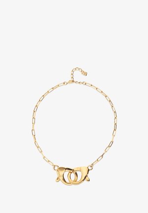 Collier en or avec des accents circulaires entrelacés, un design de chaîne maillon et une petite chaîne d'extension pour une longueur ajustable.