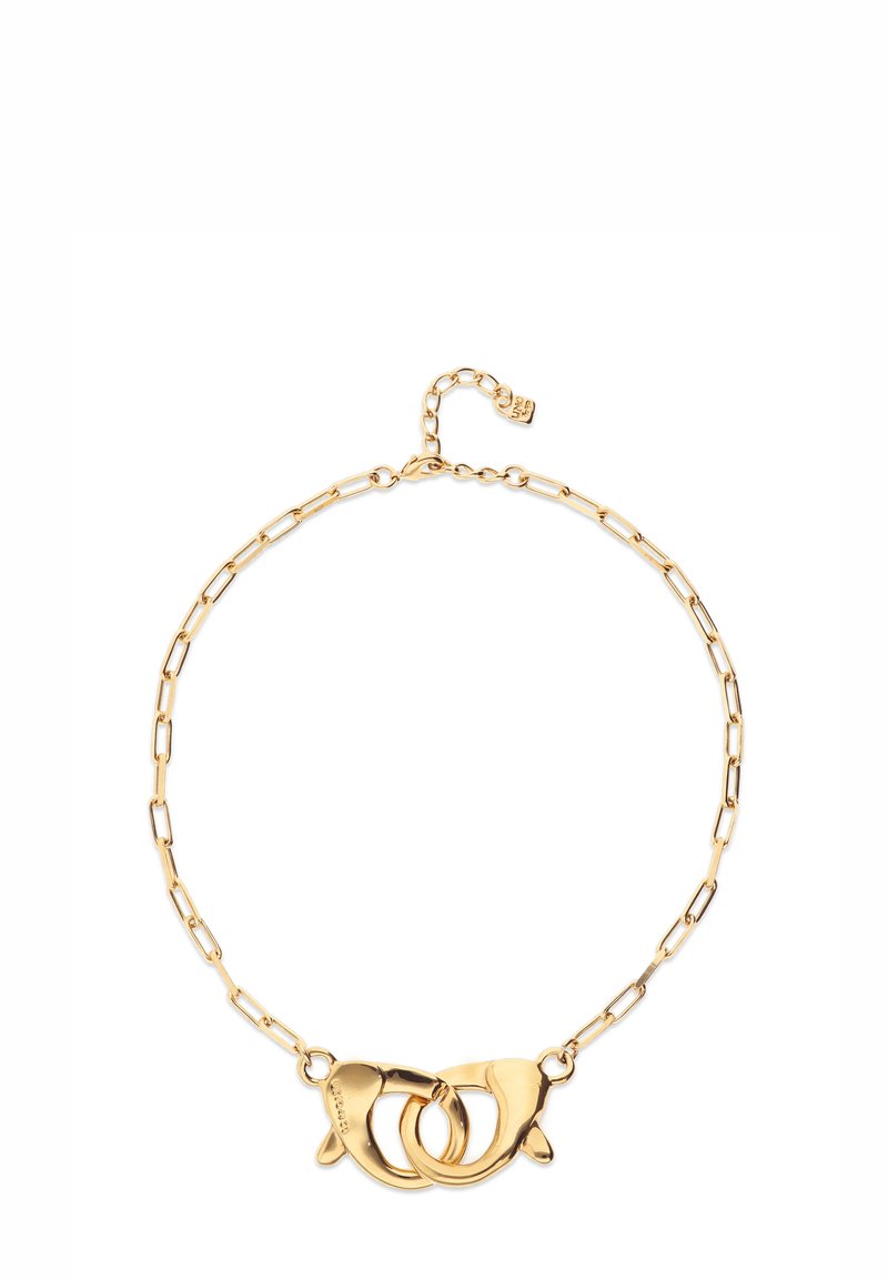 Collier en or avec des accents circulaires entrelacés, un design de chaîne maillon et une petite chaîne d'extension pour une longueur ajustable.