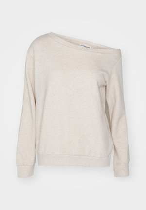 Beige, avskjort genser laget av myk stoff, med lange ermer, ribbestrikkede mansjetter og en avslappet passform med rund hals.