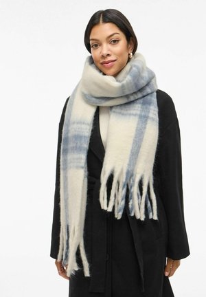 Villasekoitesilta huivi, jossa on beige ja vaaleansininen ruutukuosi, hapsureunuksin ja pehmeä, teksturoitu viimeistely.