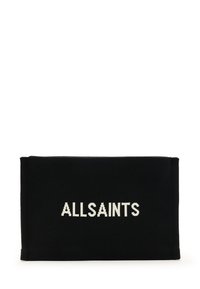 Pocchetto intrecciato nero con il testo "ALLSAINTS" in bianco, di forma rettangolare e texture liscia. Nessun componente hardware o dettagli visibili.