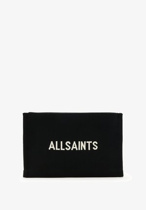 Pocchetto intrecciato nero con il testo "ALLSAINTS" in bianco, di forma rettangolare e texture liscia. Nessun componente hardware o dettagli visibili.