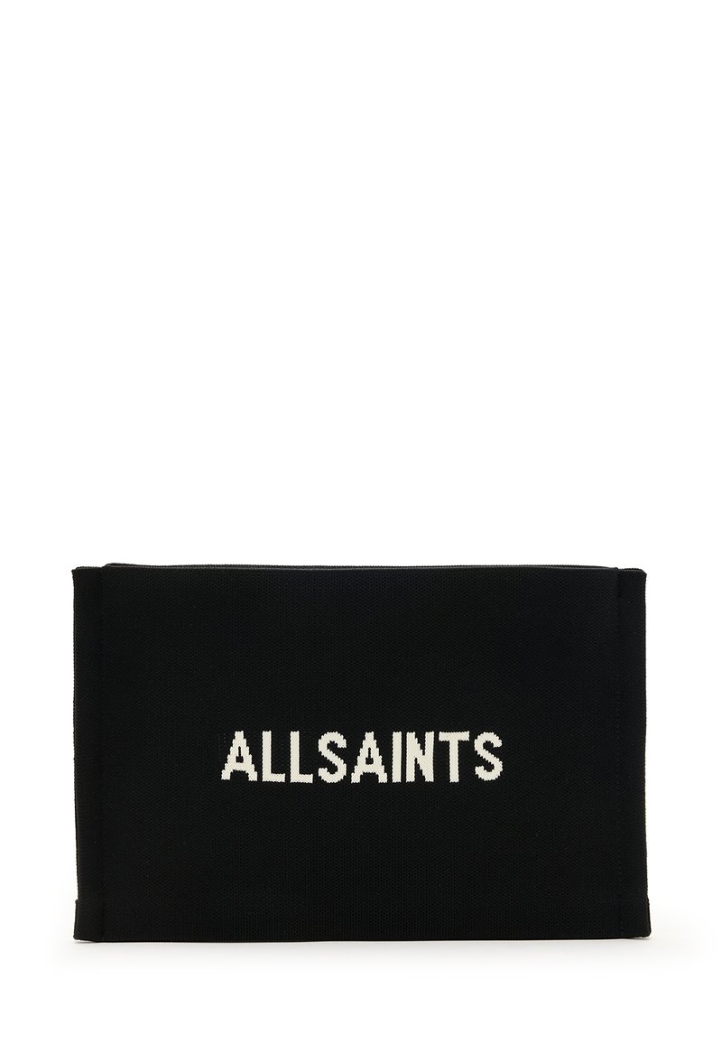Pocchetto intrecciato nero con il testo "ALLSAINTS" in bianco, di forma rettangolare e texture liscia. Nessun componente hardware o dettagli visibili.