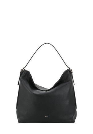 Schwarze Lederhandtasche mit lockerer Form, einem einzelnen Schulterriemen und einem goldenen Logoakzent auf der Vorderseite. Strukturierte Oberfläche mit weichem Finish.