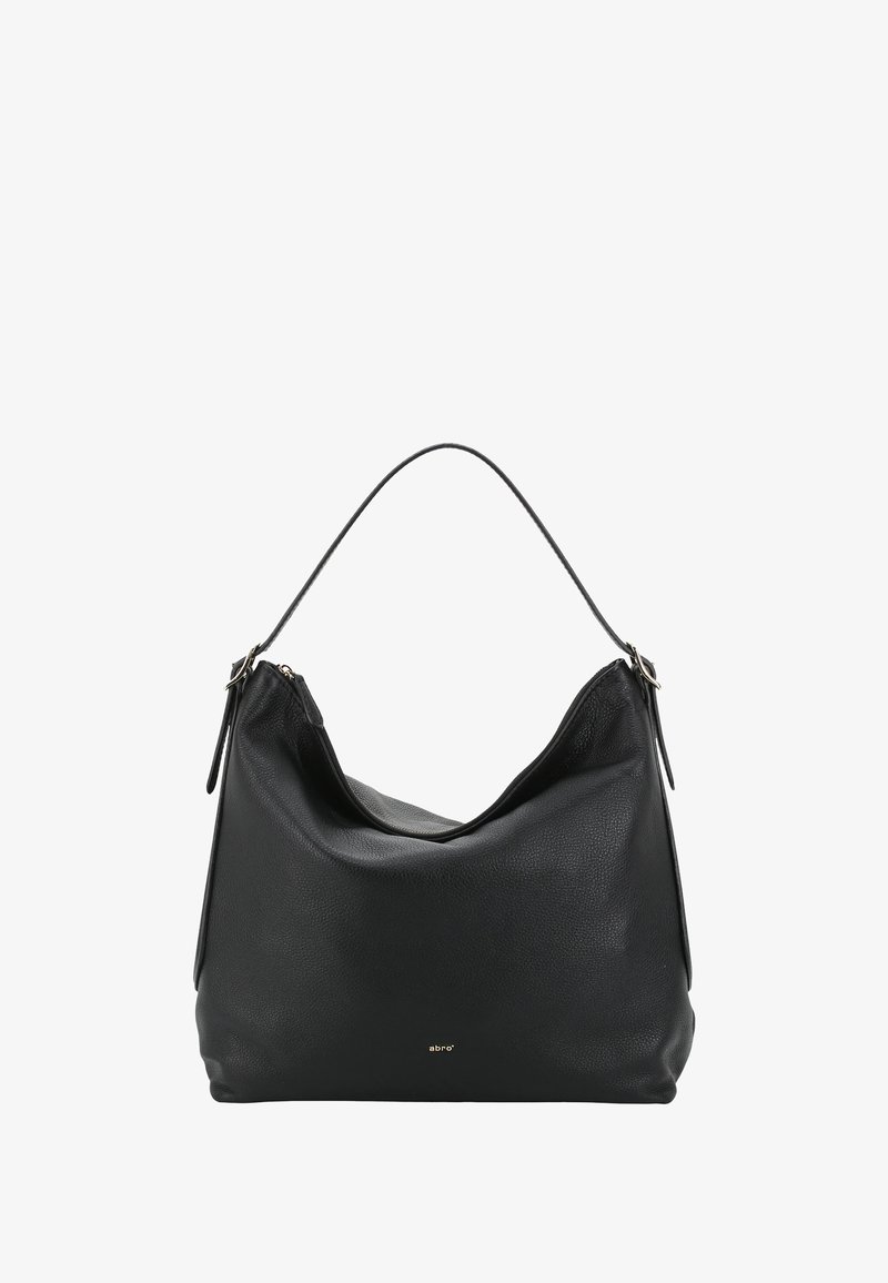 Black leather handbag with a slouchy shape, a single shoulder strap, and a gold logo accent on the front. Textured surface with a soft finish.