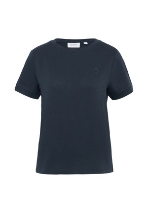 T-shirt in cotone blu navy con collo rotondo e maniche corte. Presenta un piccolo logo ricamato sul lato sinistro del petto. Tessuto morbido.