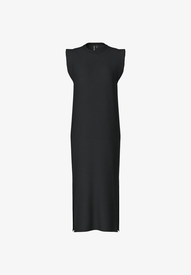 Vestido negro sin mangas, hecho de una tela suave y elástica. Diseño largo y ajustado con aberturas laterales. Cuello redondo. Construcción simple y minimalista.