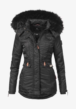 Zwarte waterdichte parka met nep-bonten rand op de capuchon, ritssluiting aan de voorkant, twee borstzakken, elastische trekkoord in de taille en details bij de mouwen.