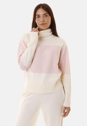 Maglione a collo alto color avorio con strisce rosa chiaro. Tessuto a costine, vestibilità rilassata e maniche lunghe. Morbido tessuto lavorato a maglia, branding minimale.