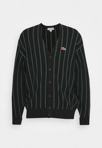 Black cardigan with vertical green stripes, V-neck, seven buttons down the front, and a small red logo on the chest. Soft knit material.