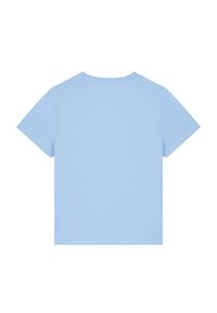 T-shirt bleu clair à manches courtes, en tissu doux, avec un col rond standard et un dos uni sans embellissements.