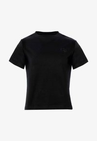 T-shirt di cotone nero con maniche corte e scollatura rotonda. Presenta un delicato logo ricamato sul petto. Texture liscia.