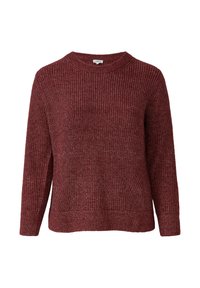 Burgundowy sweter z dzianiny z okrągłym dekoltem, długimi rękawami, teksturowanym wzorem oraz ściągaczami przy mankietach i u dołu. Klasyczny, lekko luźny fason.