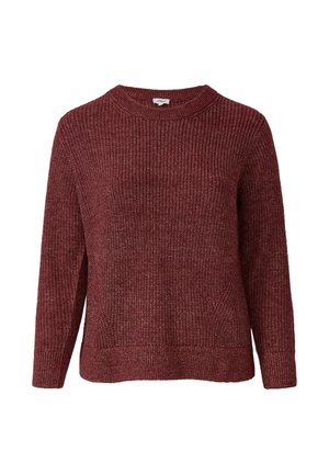 Burgunderfarbener Strickpullover mit rundem Halsausschnitt, langen Ärmeln, strukturiertem Muster und gerippten Bündchen und Saum. Klassische, leicht lockere Passform.