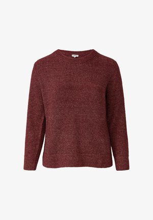 Burgundy knit sweater featuring a round neckline, long sleeves, textured pattern, and ribbed cuffs and hem. Classic, slightly loose fit.
