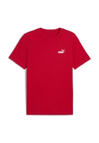 Rød bomulds T-shirt med korte ærmer, rund halsudskæring, med et hvidt Puma-logo på venstre brystområde. Glat tekstur, standard pasform.