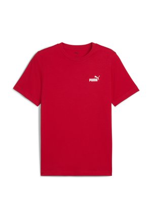 Raudona medvilninė marškinėliai trumpomis rankovėmis, apvalia iškirpte, su balta Puma logotipu kairėje krūtinės pusėje. Lygus paviršius, standartinė forma.