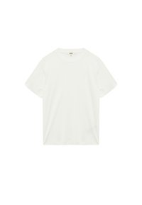 Weißes Kurzarm-T-Shirt aus Baumwolle. Mit rundem Halsausschnitt und lockerer Passform. Glatte Textur ohne sichtbare Muster oder Akzente.