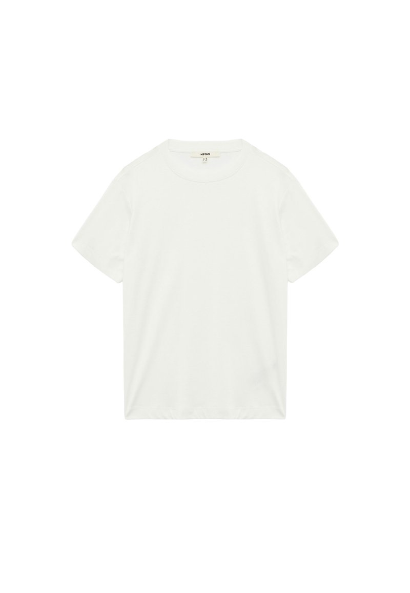 Weißes Kurzarm-T-Shirt aus Baumwolle. Mit rundem Halsausschnitt und lockerer Passform. Glatte Textur ohne sichtbare Muster oder Akzente.