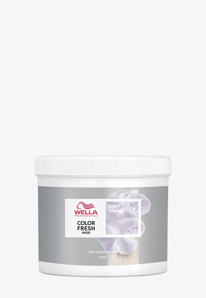 Wella Professionals Color Fresh Mask Behälter in perlblonder Farbe, mit weißem Deckel und grauem Etikett mit Blumenmuster, 500 ml.