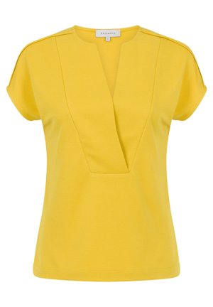 Żółta bluzka z krótkim rękawem, głębokim dekoltem w kształcie litery V i detalem z strukturą panelu, zaprojektowana przez Promiss w rozmiarze small.