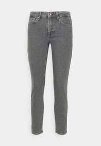 Jean en denim gris avec une coupe slim, design à cinq poches, braguette zippée et fermeture à bouton. Présente un léger délavage et un ourlet classique surpiqué.