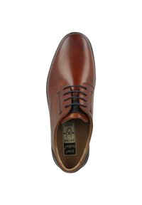Braune Lederdressschuhe mit abgerundeter Spitze, Schnürdesign und strukturiertem Fußbett. Sie bieten eine glatte Oberfläche und eine breite Passform.