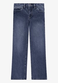 Blå raka jeans med framknapp, dragkedja och femfickorsdesign, utlagda platt på en vit bakgrund.