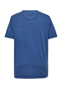 Blue short-sleeve t-shirt featuring a round neck and a smooth, textured fabric with subtle heathered pattern.