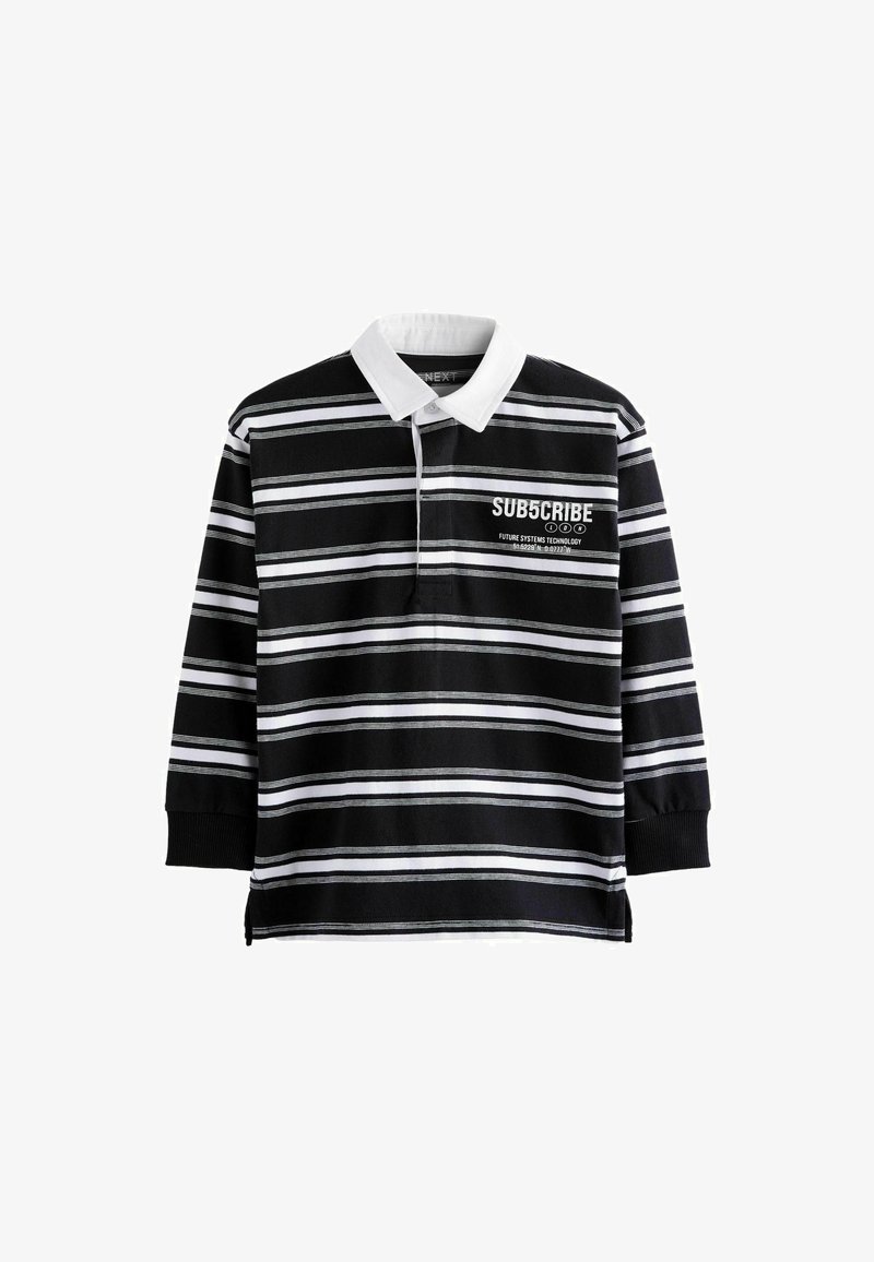 Zwart-witte gestreepte polo met lange mouwen en een witte kraag. Bevat vooraan tekst: "SUBSCRIBE" en extra grafische details.