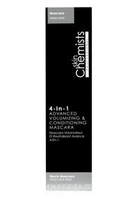 Black mascara packaging featuring a sleek box design. Front reads "4-In-1 Advanced Volumizing & Conditioning Mascara." 8 mL size.