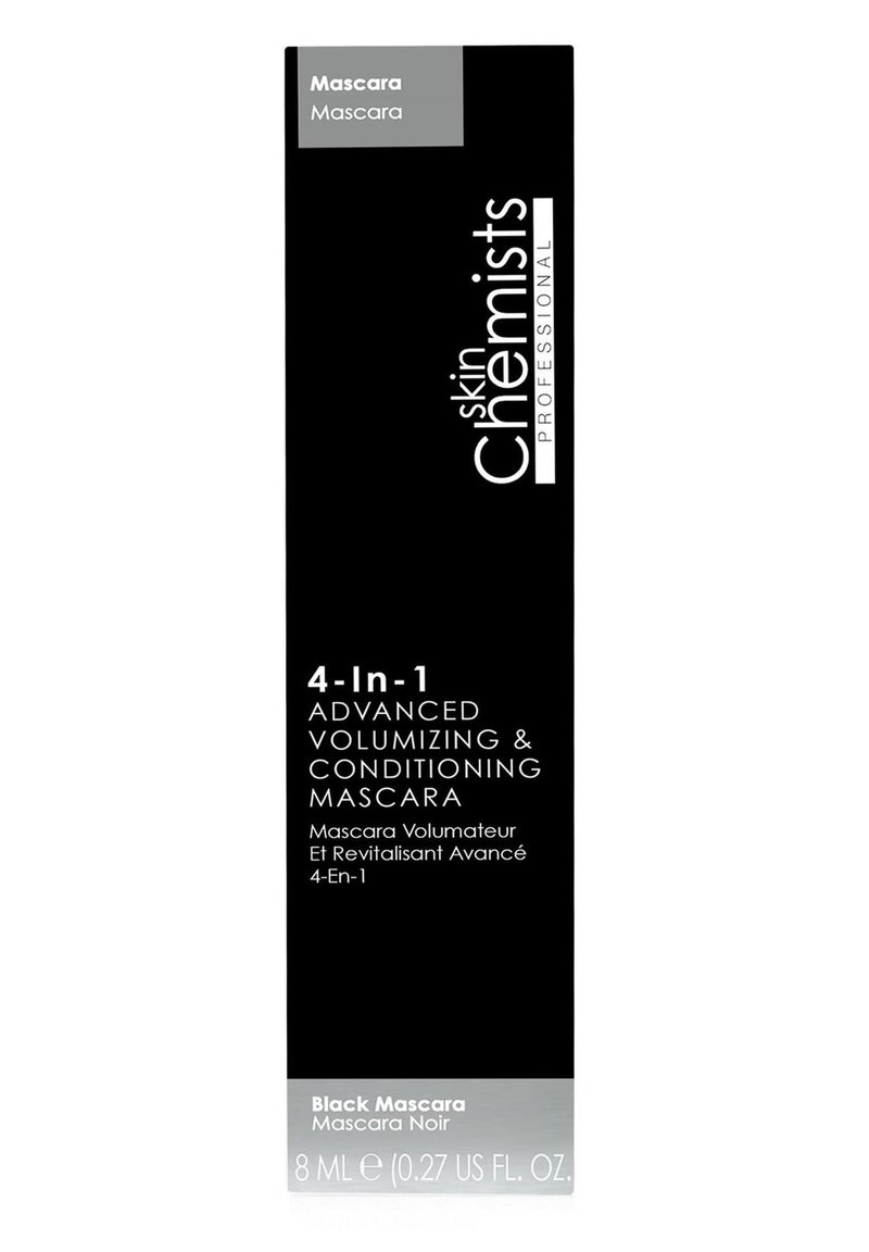Black mascara packaging featuring a sleek box design. Front reads "4-In-1 Advanced Volumizing & Conditioning Mascara." 8 mL size.