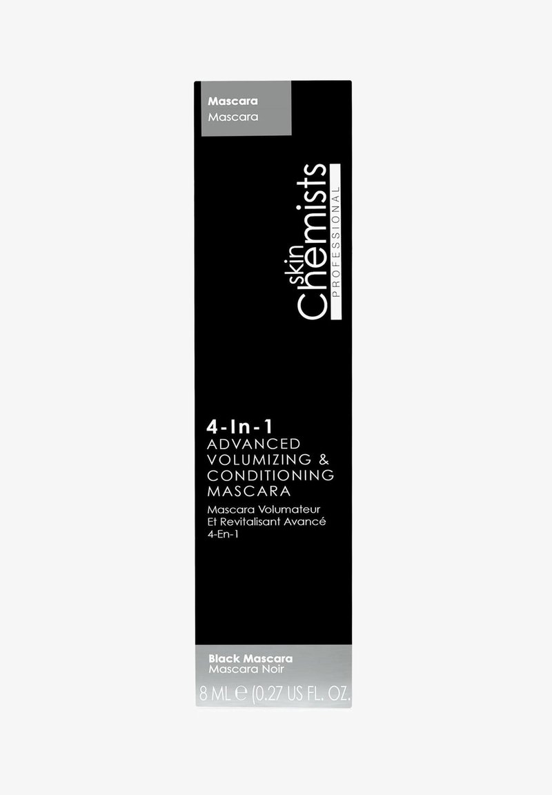 Black mascara packaging featuring a sleek box design. Front reads "4-In-1 Advanced Volumizing & Conditioning Mascara." 8 mL size.