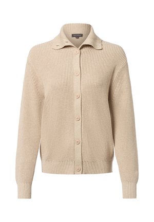 Cardigan lavorato a maglia beige con colletto, caratterizzato da cinque bottoni sulla parte anteriore, polsini a coste e orlo. Dettaglio del materiale testurizzato.