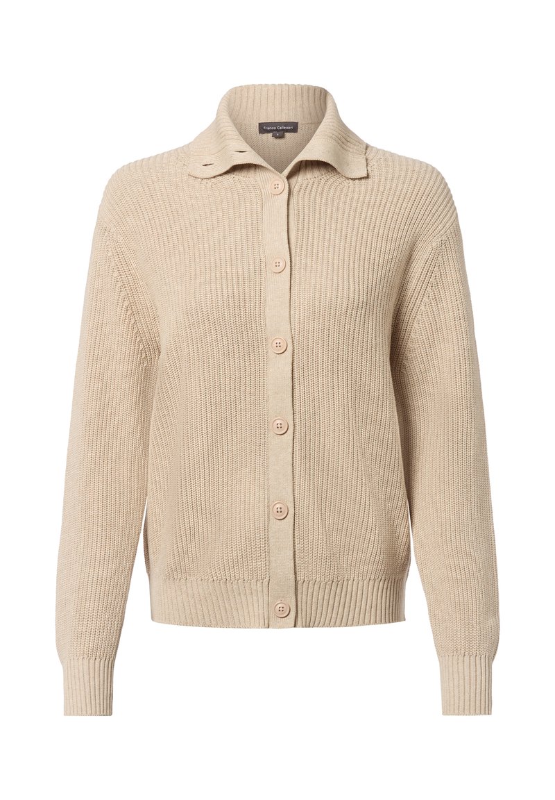 Beige gebreide cardigan met een kraag, voorzien van vijf knopen aan de voorkant, geribde mouwen en onderrand. Details van het textuurmateriaal.