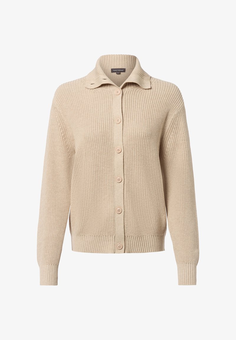 Beige gebreide cardigan met een kraag, voorzien van vijf knopen aan de voorkant, geribde mouwen en onderrand. Details van het textuurmateriaal.