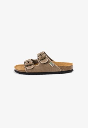 Brown fabric slide sandal with two adjustable buckles, cork footbed, textured fabric upper, and black rubber sole.