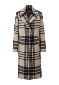 Beige Wollmantel mit großem Reverskragen, schwarzem und braunem Karomuster, doppelter Frontknopfreihe und seitlichen Taschen.