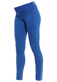 Jean skinny de maternité bleu avec ceinture élastique bleu foncé et poches arrière, présenté sur fond blanc.