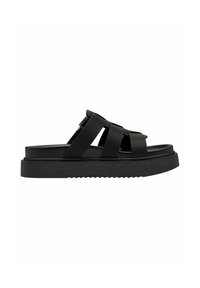 Black slide sandal with a flat sole, featuring crossed straps and a textured outsole. Made of synthetic material with a smooth finish.