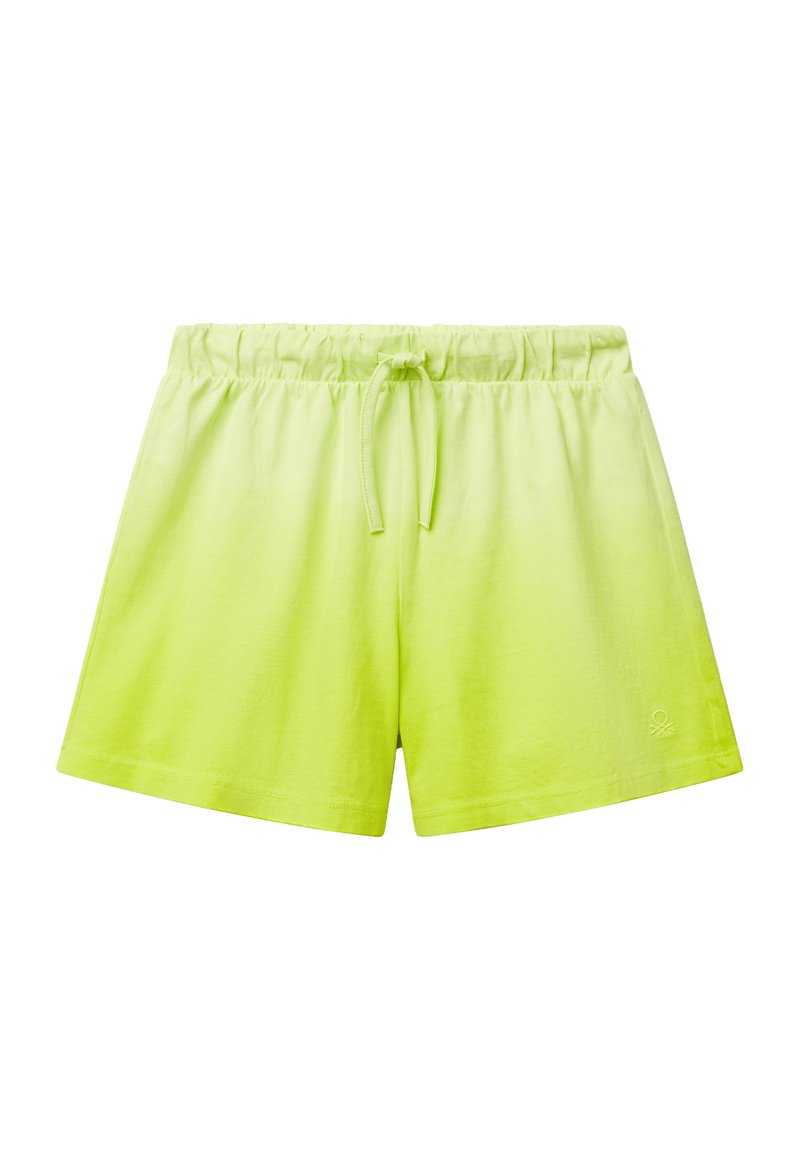 Pantaloni corti verde lime realizzati in tessuto morbido, dotati di cintura elastica con lacci e un sottile dettaglio del logo.