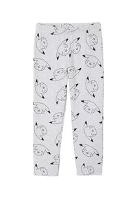 Light gray children's leggings with repeated black and white Pikachu face pattern and elastic waistband.