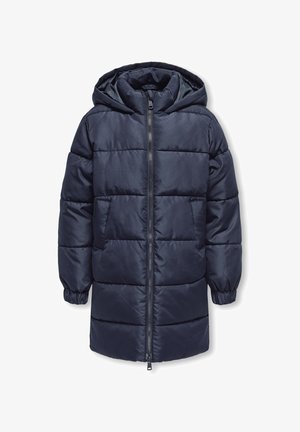 Abrigo de invierno acolchado azul marino con mangas largas, cremallera frontal, dos bolsillos laterales, puños elásticos y capucha unida.