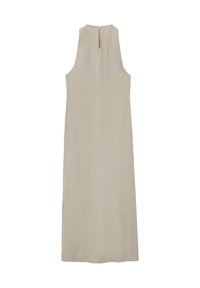 Beiges ärmelloses Kleid mit hohem Ausschnitt, Reißverschluss hinten und diagonalem Nahtdetail. Hergestellt aus glattem, leichtem Stoff.