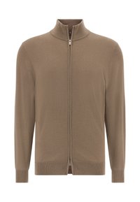 Pruun pikad varrukad ja lukuga kardigan, ribbed krae, mansetid ja alläär, esitatud valgel taustal.